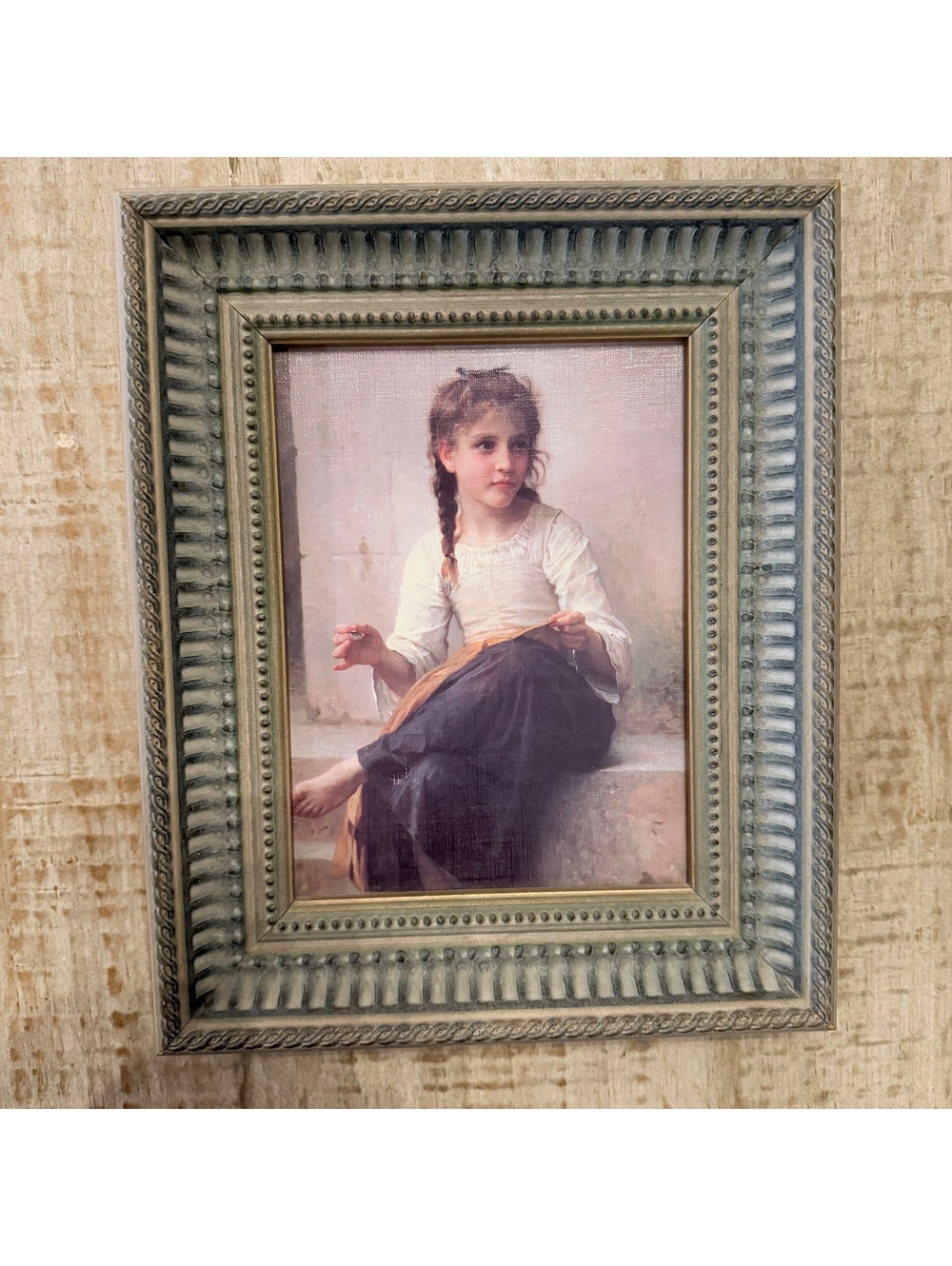 Framed Victorian Girl Sewing Portrait Print Ornate Green Gold Frame 13x10